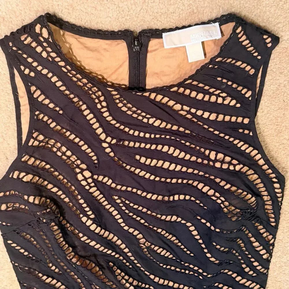 Michael Kors Dress Size 2 Black Zebra Eyelet Cotton Flounce Cutout Mini Nude